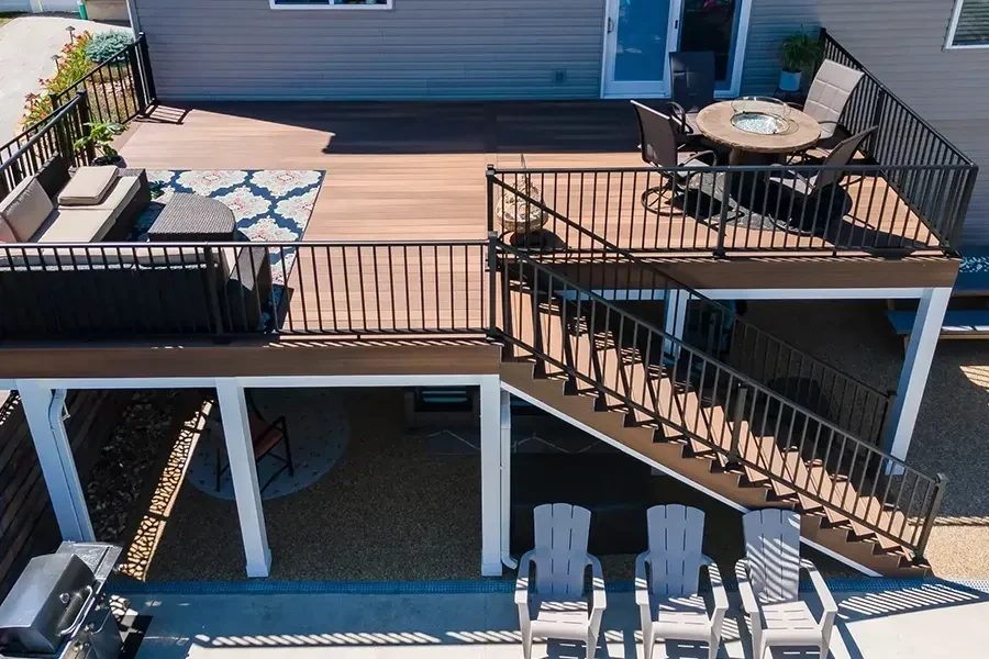 Wood deck and stairs with black railings