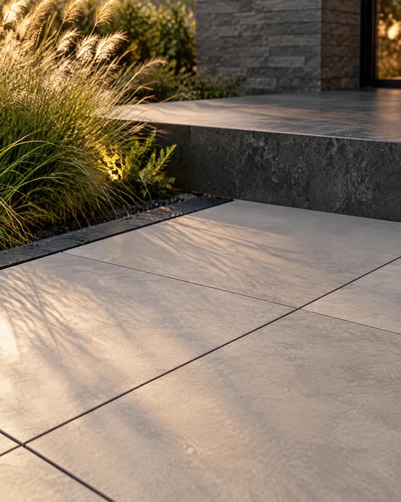 Large-format porcelain pavers meeting a dark stone step with ornamental grasses