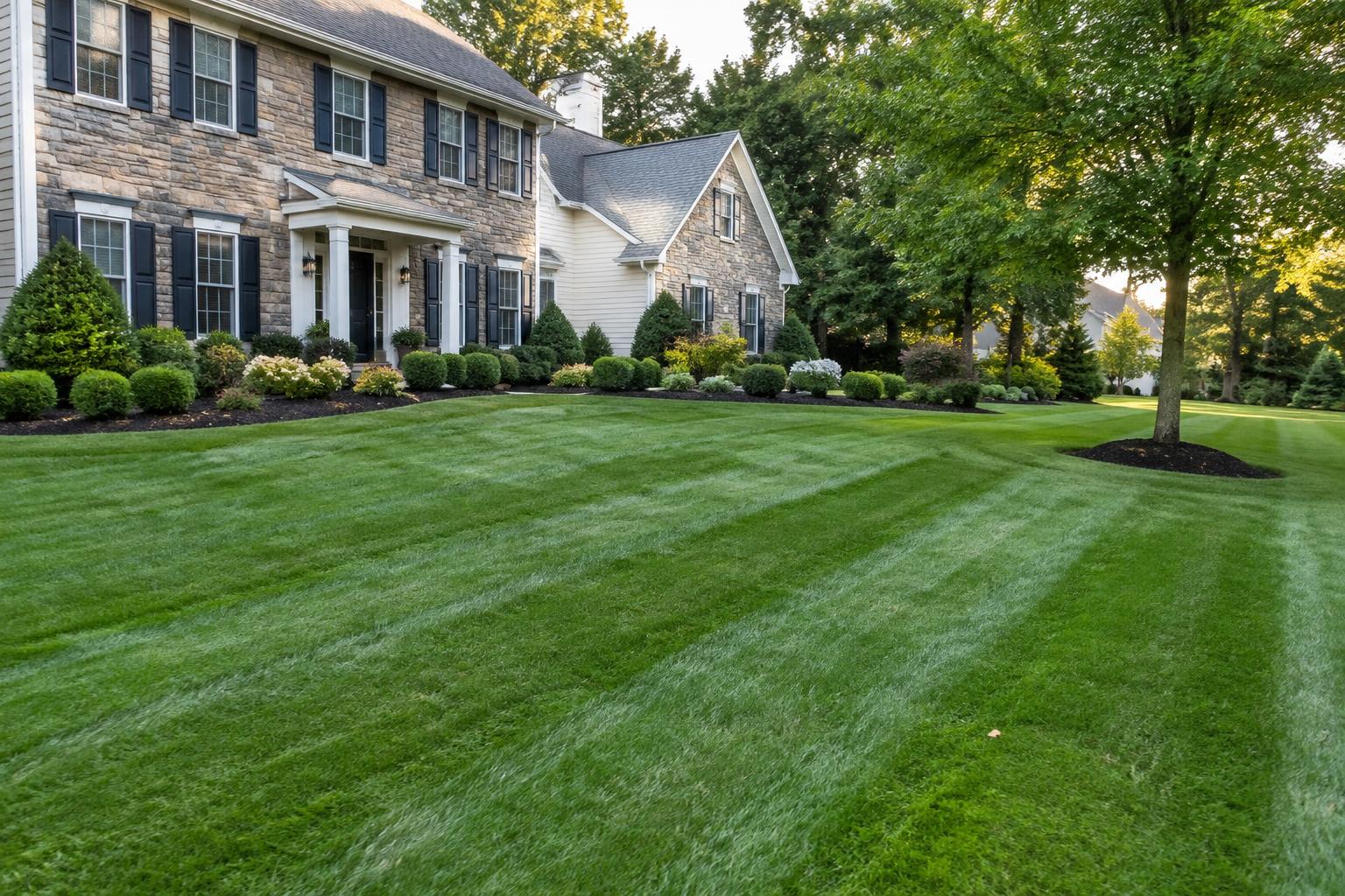 Freshly striped lawn and edged planting beds in front of a home